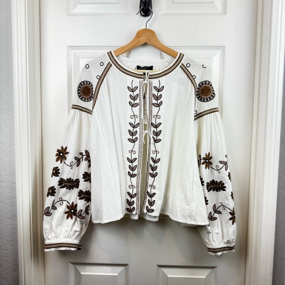 NWT Anthropologie RD & Koko White Embroidered Puff Sleeve Tie Closure Jacket M